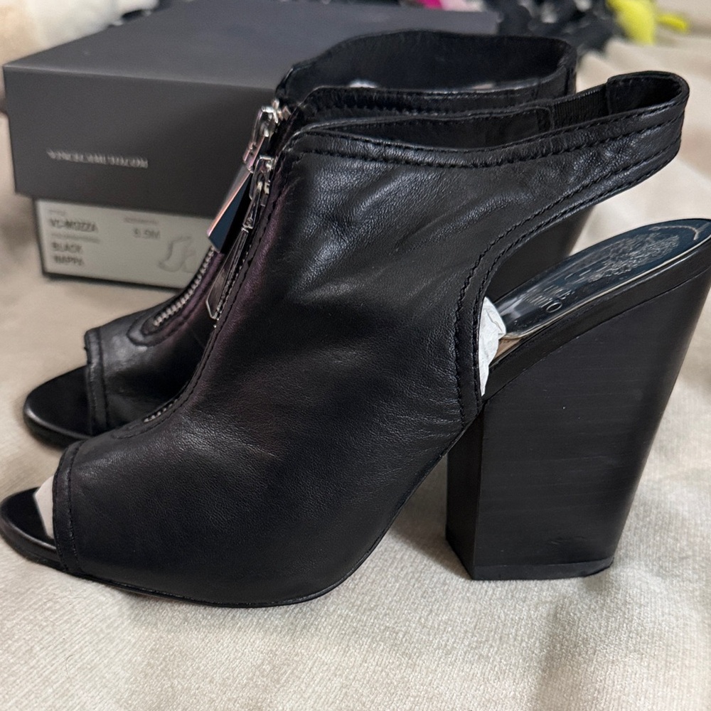 Vince Camuto Black Leather Peep-Toe Heeled Boots
